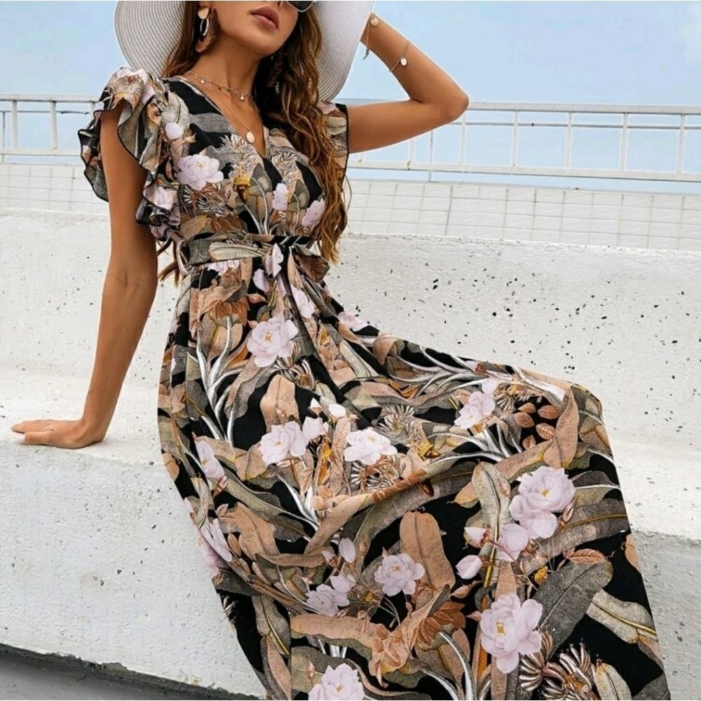 Ruffle Cuff Allover Floral Belted Dress